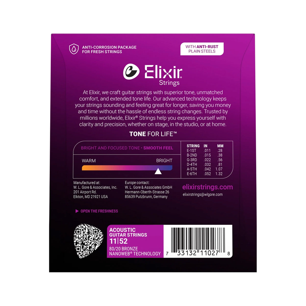 Set de cuerdas para guitarra acústica Elixir Nanoweb 11/52 Custom Light - 11027
